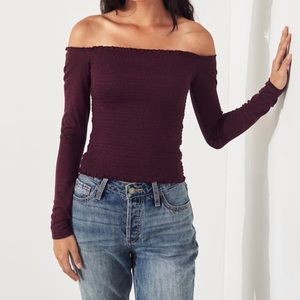 HOLLISTER SMOCKED OFF THE SHOULDER CROP TOP